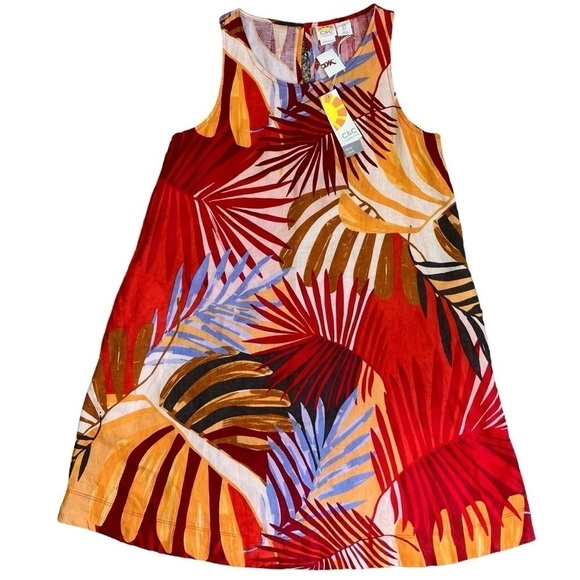 NWT C&C California 100% Linen Shift Dress Red w Tropical Print Beach Summer Sz S - Picture 9 of 16